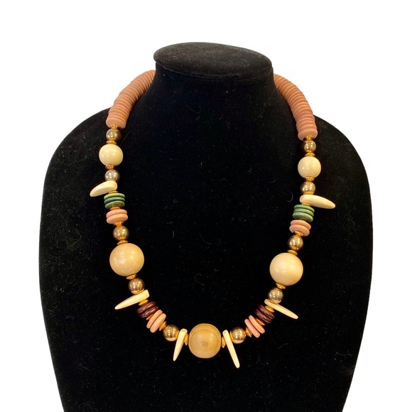 Designed By Paula Brand Ivory Green Brown Pink Wood Chunky Beaded Necklace - Picture 1 of 6
